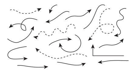 Set of simple lines hand drawn black arrows in different style. Set of hand drawn doodle black arrows. Various simple lines of doodle arrows collection. various carve doodle black arrows lines