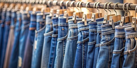 A Close-Up View of Denim Jeans Hanging on Wooden Hangers, denim , jeans , fashion , clothing