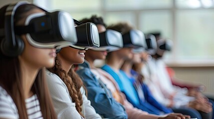 Classroom with students using VR headsets, showcasing immersive learning experiences
