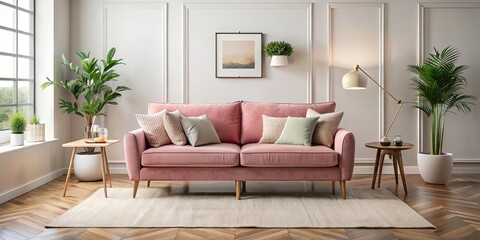 Pink couch and chair with matching pillows in a cozy living room setting, pink, couch, chair, pillows