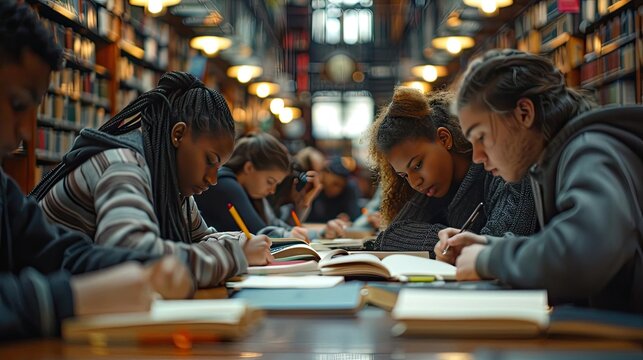 Diverse group of students studying together in a library, highlighting collaborative learning