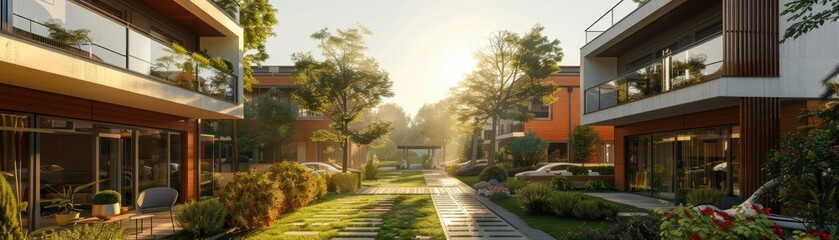 Modern urban residential complex with shared amenities and green spaces, emphasizing urban living