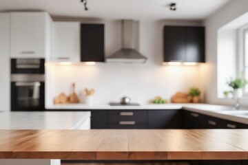 Fototapeta premium blurred pastel Sleek cabinets and stainless steel appliances define a modern kitchen interior with empty tabletop