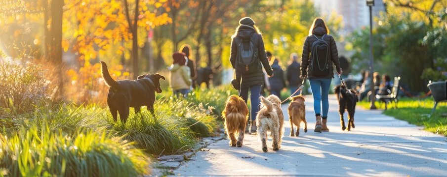 People walking dogs in an urban dog park, highlighting pet-friendly city features