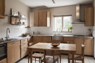 Fototapeta premium blurred Sleek cabinets and stainless steel appliances define a modern kitchen interior