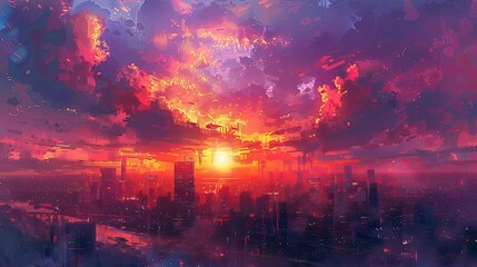 Urban skyline with a dramatic sunset, representing the natural beauty amidst urban environments