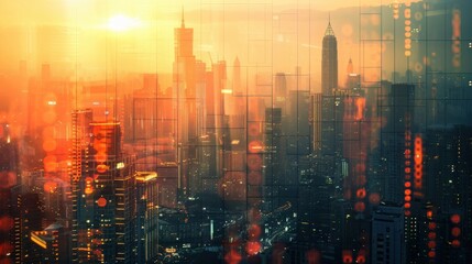 Fototapeta premium Highrise buildings skyline close up, focus on, copy space Majestic view, Double exposure silhouette with modernity