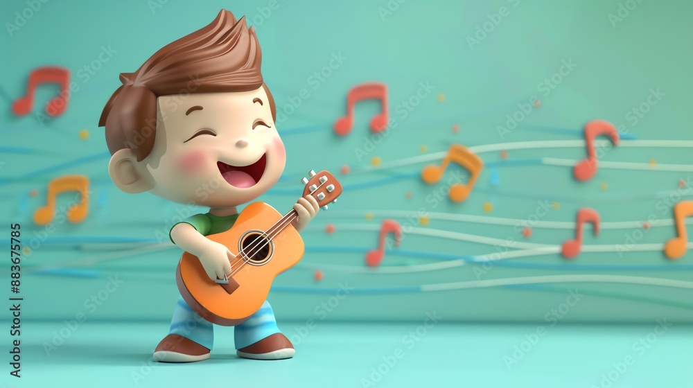 Poster A happy cartoon boy playing the guitar with a colorful musical notes background.