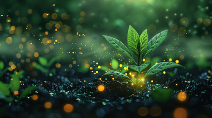 A futuristic digital landscape of growing plants with icons and graphs representing the use of artificial intelligence in agriculture