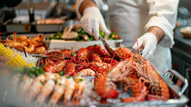 A gourmet seafood platter being prepped for food delivery, with fresh lobster and shrimp.