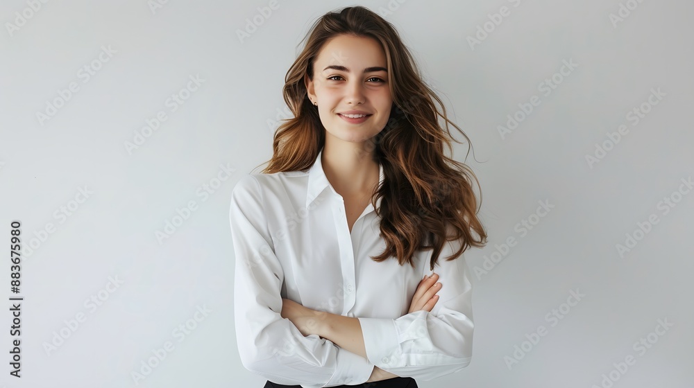 Wall mural perfect business lady. beautiful young businesswoman looking at camera with smile while standing aga