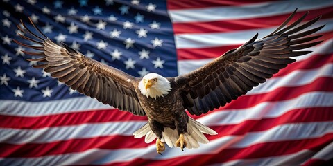 Naklejka premium Bald Eagle Soaring Against American Flag, Patriotism, Symbolism, Freedom, Nationalism