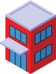 Red two story building with awning, windows, and flat roof on white background, isometric illustration