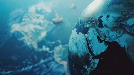 Obraz premium Globe with oceans close up, focus on, copy space Blue waters, Double exposure silhouette with navigation