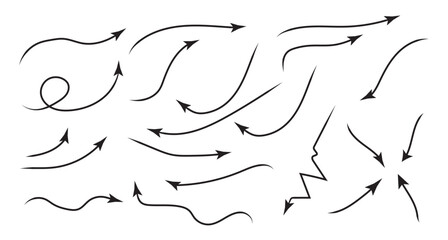 Hand drawn thin line arrows set. Arrow icon. Doodle arrow. Collection different arrows sign. Many vector curvy and wavy arrows isolated on white background.
