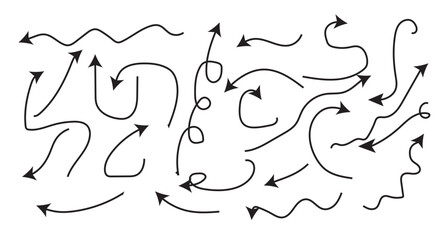 Set of black hand drawn arrows isolated on white. Vector illustration. Hand drawn doodle sketch style. Decoration for web design.