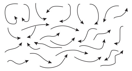 Set of simple lines hand drawn black arrows in different style. Set of hand drawn doodle black arrows. Various simple lines of doodle arrows collection. various carve doodle black arrows lines