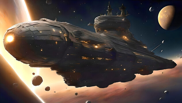 A massive black spaceship constructed from pyrite, soaring through outer space