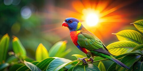 Fototapeta premium Vibrant tropical bird perched amongst sunset lighting in lush foliage , tropical, bird, sunset, vibrant, colorful, nature