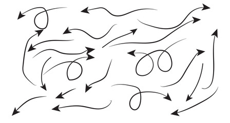 Set of black hand drawn arrows isolated on white. Vector illustration. Hand drawn doodle sketch style. Decoration for web design.
