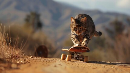 A cat skateboarding down a dirt path.