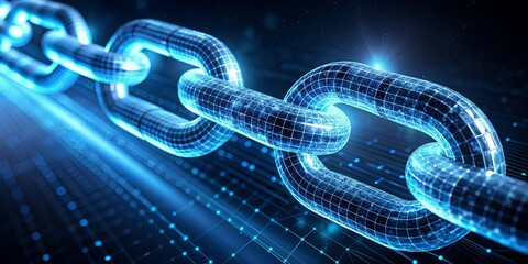 Digital Chain Link A Glowing Wireframe  in Blue, Digital Security, Network, Technology, Data