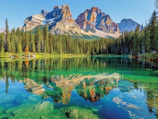 Breathtaking Mountain Landscape with Crystal Clear Lake in Remote Forest, Perfect for Nature Lovers, Hikers, and Outdoor Photographers