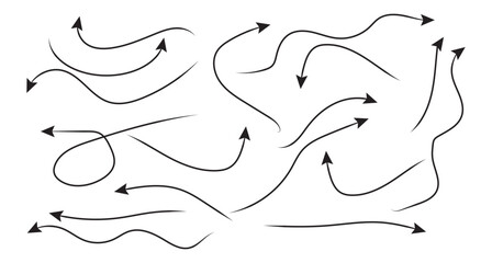 Set of squiggle line arrows. Simple line hand drawn curved vector arrows icons. Hand drawn black doodle arrows vector.