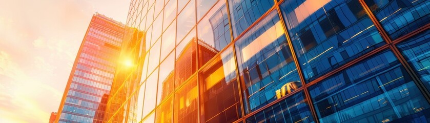 Modern glass tower at sunset close up, focus on, copy space Reflective surface, Double exposure silhouette with urban elegance