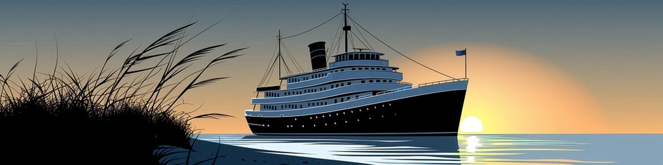 Fototapeta premium Serene Coastal Sunset with Majestic Ship Silhouette - Peaceful Maritime Scene with Sun Setting Over Horizon and Calm Waters