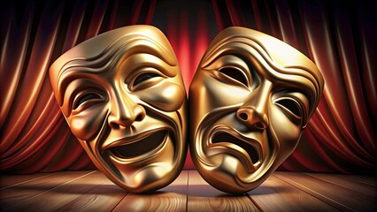 Golden Comedy and Tragedy Masks on Stage, 3D Rendering, Theater, Stage, Drama , Masks