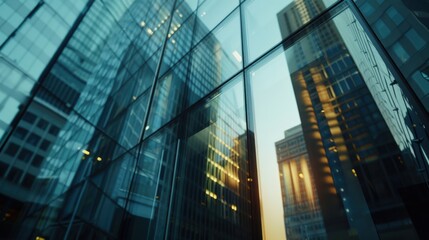 Modern skyscraper exterior close up, focus on, copy space Glass facade, Double exposure silhouette with urban development