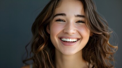 Naklejka premium Big bright white smile headshot with a beautiful brunette woman sincere happy cheerful positive expression. 