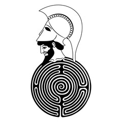 Head of a bearded Ancient Greek man wearing helmet and a round spiral maze or labyrinth symbol. Theseus. Creative mythological symbol. Black and white silhouette.