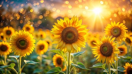 Obraz premium Golden Sunflowers in a Field of Dreams, sunflowers, field, summer, sunset