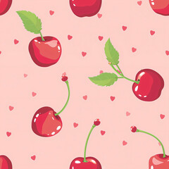 A seamless cherry pattern, perfect for candy wrappers. This repeating design showcases the bright and sweet nature of cherries in a realistic and detailed style.

