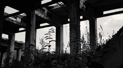 Fototapeta premium Silhouette of an abandoned construction site overgrown with vegetation.