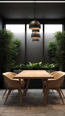 Fototapeta premium modern dining table and chair with the black background plants