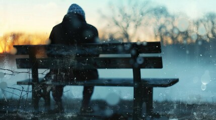 Homeless person on bench close up, focus on, copy space Gritty environment, Double exposure silhouette with destitution