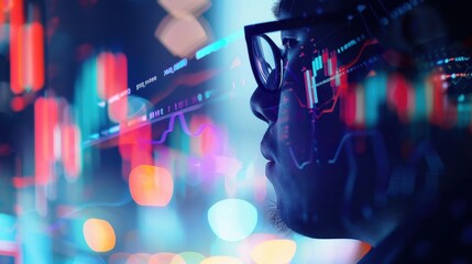 Obraz premium Investor screen showing market trends close up, focus on, copy space Financial analysis, Double exposure silhouette with investment