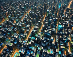An aerial view of city buildings with blue and green lights. 