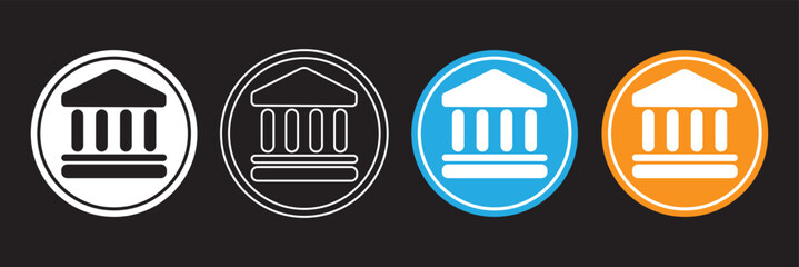 Black bank icon set. Government building, flat vector.  Bank vector icon, museum, university. 