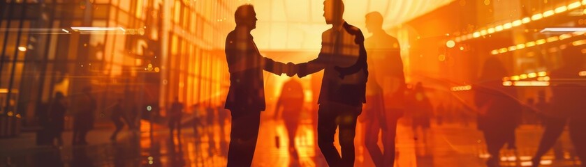 Handshake in business attire close up, focus on, copy space Professional deal, Double exposure silhouette with cooperation