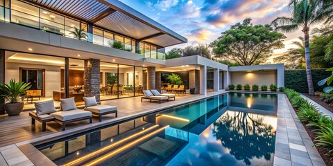 Fototapeta premium Modern Luxury Poolside Oasis at Sunset, pool, luxury, modern , home