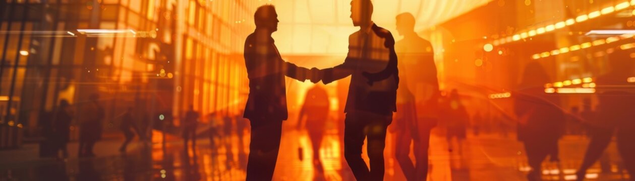 Handshake in business attire close up, focus on, copy space Professional deal, Double exposure silhouette with cooperation