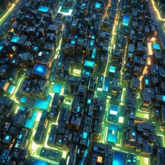 Obraz premium An aerial view of city buildings with blue and green lights. 