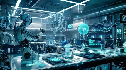 A high-tech laboratory filled with advanced robotics and holographic displays, all illustrated in detailed 3D.