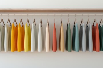 A diverse collection of colorful gym attire, including leggings, sports bras, and tank tops, neatly arranged on display racks in a modern fitness apparel store, free space for text.