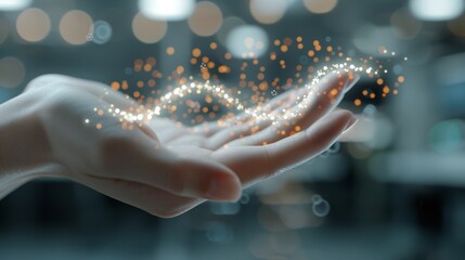 A hand reaching towards a holographic DNA strand, surrounded by glowing particles and futuristic lab equipment, symbolizing genetic breakthrough