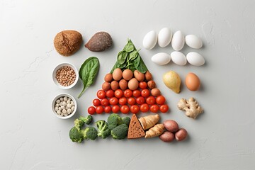 food pyramid with real food items, Infographic-style, arranged in their respective categories, surrounded by text explaining portion sizes and nutritional values